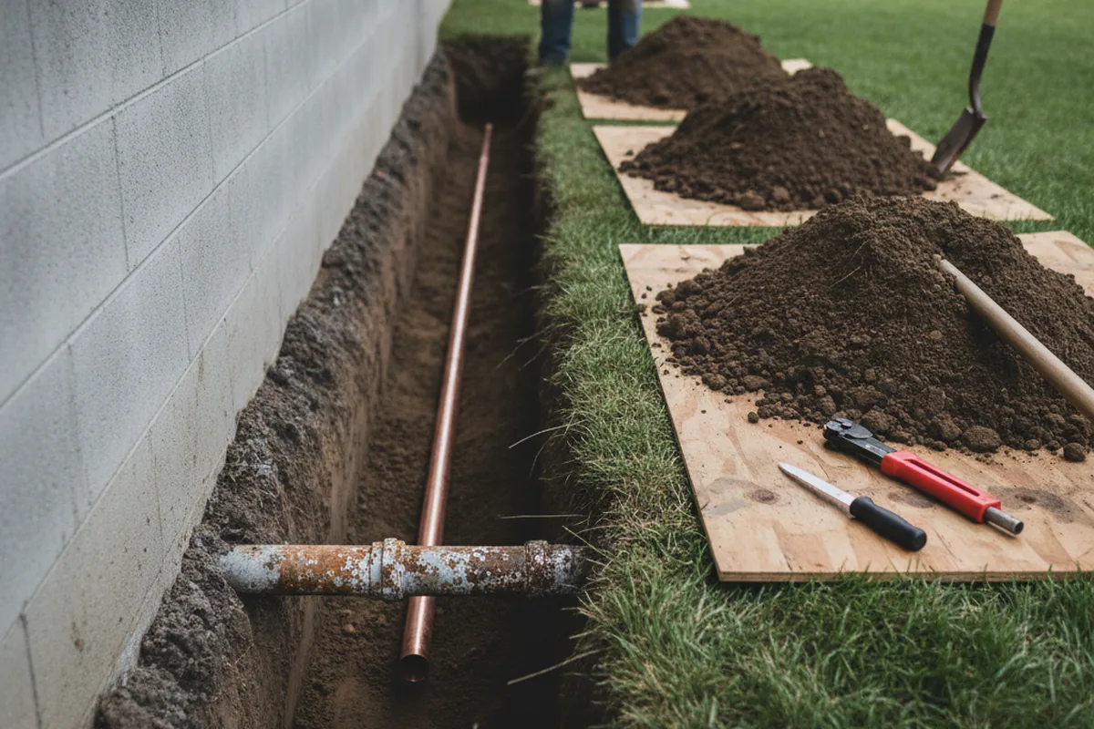 Excavated water line trench during Sewer Line Repair in Chestnut Ridge